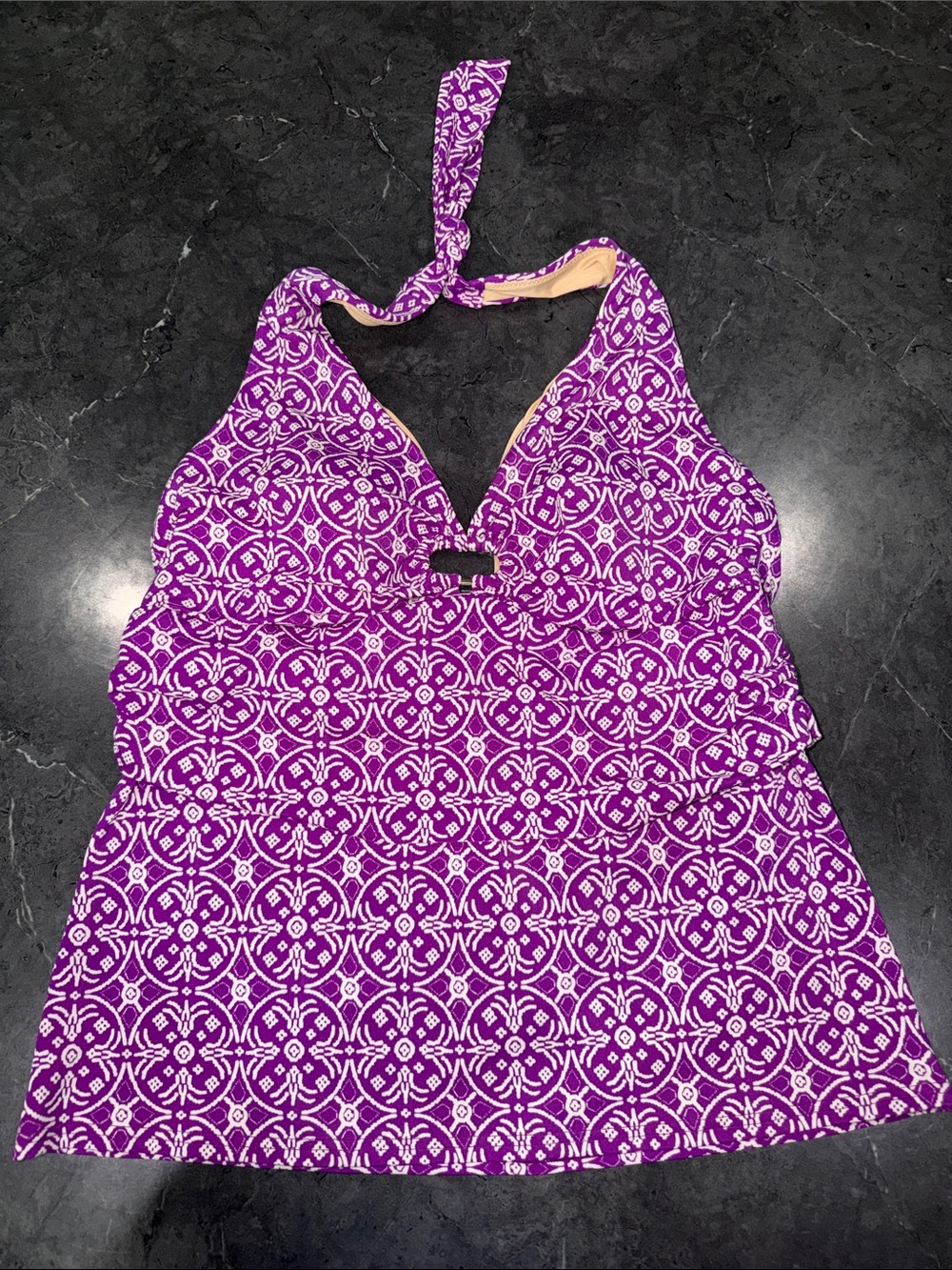 Lands End Purple Halter Tankini Top White Geometric Print